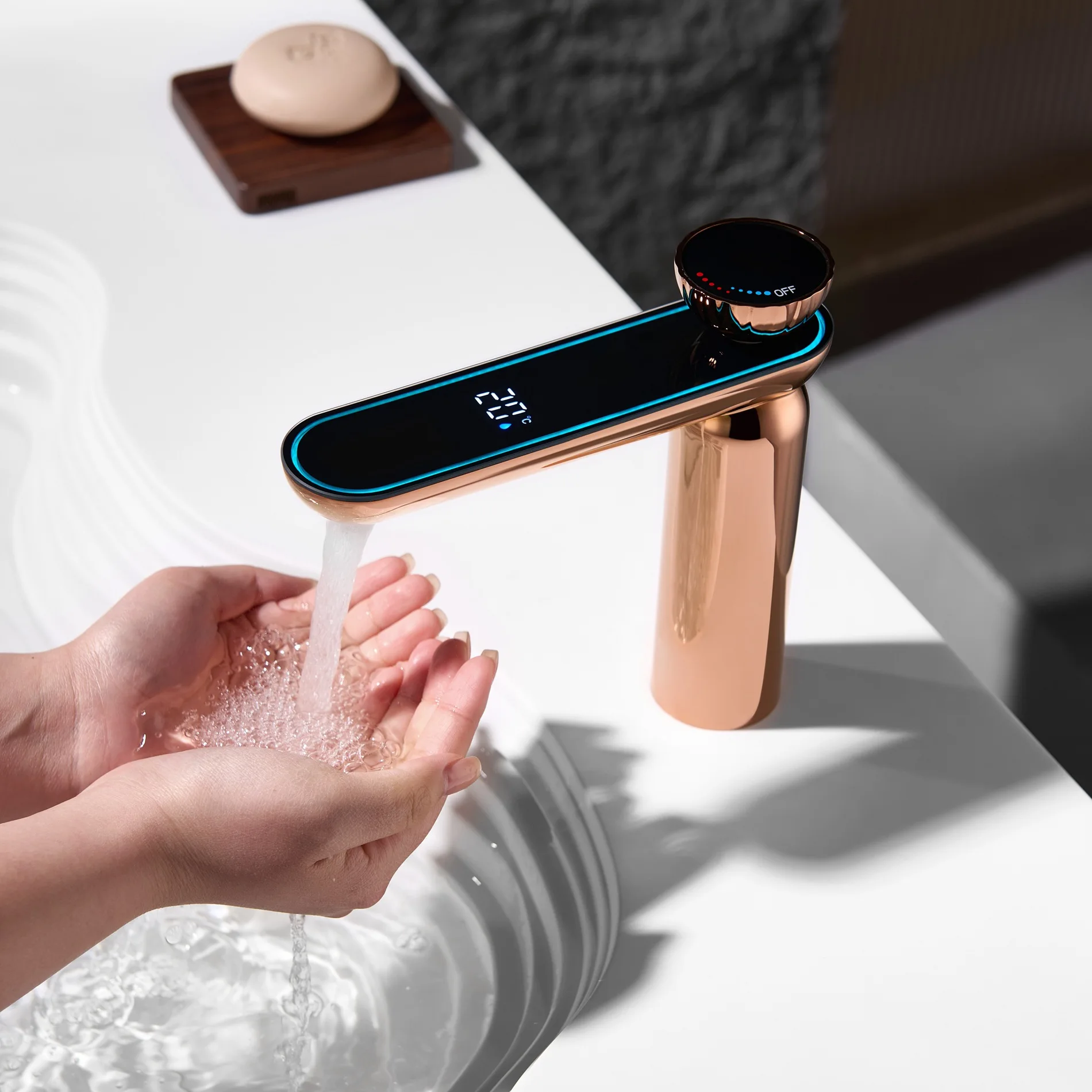 

Rose Gold Brass Digital Display Basin Faucet Single Hole Cold Hot Water Bathroom Sink Mixer Tap