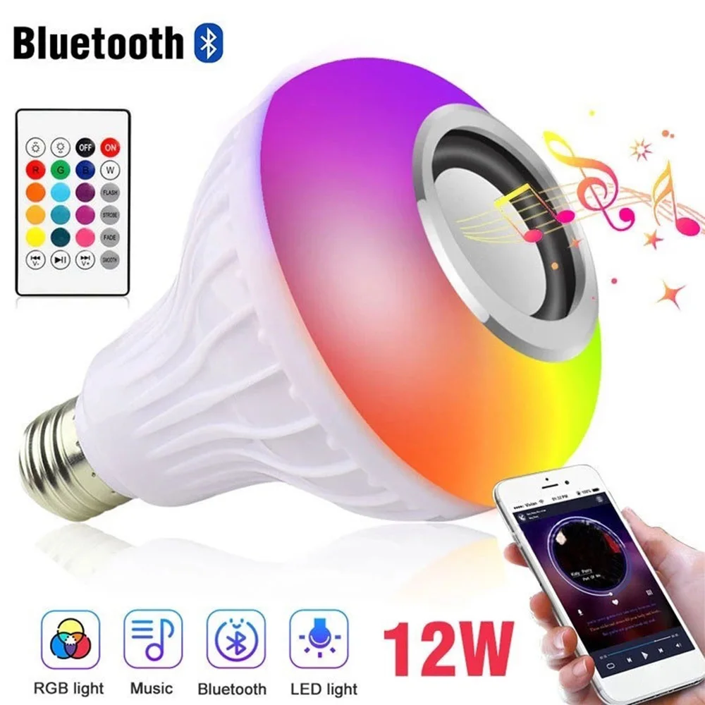 LED متعدد الألوان تغيير مصابيح كهربائية E27 12 واط RGB بلوتوث المتكلم لمبة لاسلكية الموسيقى اللعب ضوء مصباح مع جهاز التحكم عن بعد