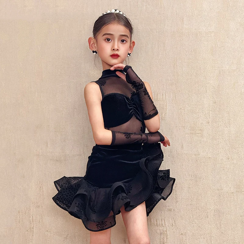 ملابس مسابقة الرقص اللاتينية للفتيات لعام 2025 فستان أسود على شكل هيكل السمكة بدون أكمام صيفي تشا تشا رومبا سامبا عرض زي مجموعة DNV23302