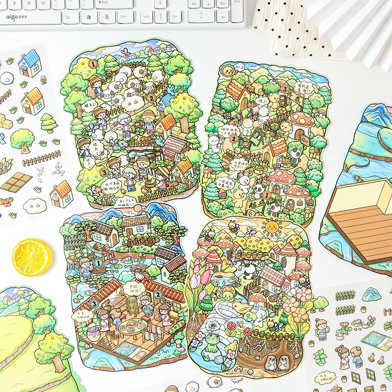 

3Pcs Scenes Cartoon Landscape Sticker Pack Forest Village DIY 3D Stickers Cabin Scene Pocket Birthday Gift for Kid Child Student