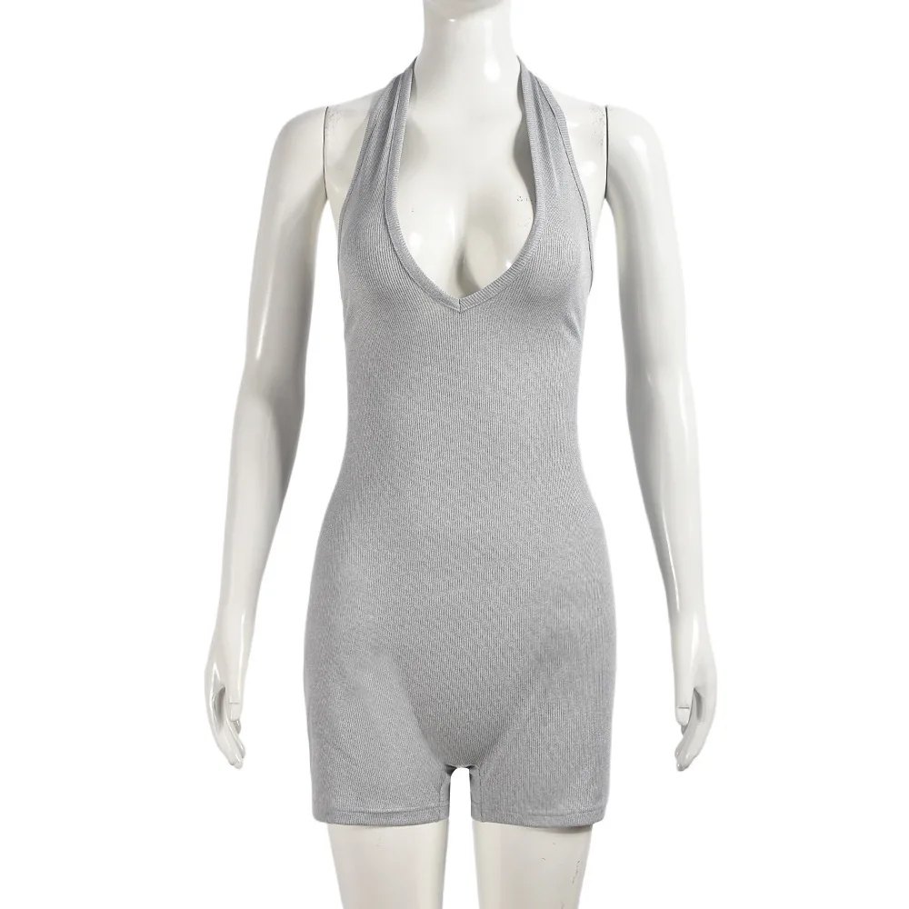 

Женский однотонный комбинезон-халтер 2026 года, летний, сексуальный, с глубоким V-образным вырезом, без спинки, на шнуровке, облегающий, модный боди