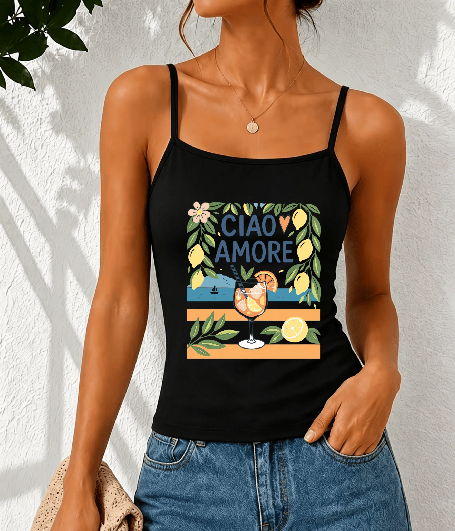 Italian Ciao Amore Lemon Branch Drink Landscape Graphic Women Camisole Spring Summer Beach Basic Sleeveless Top