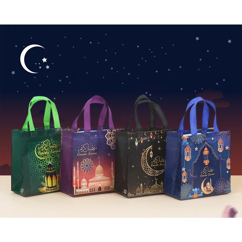 

12pcs Ramadan Eid Mubarak Gift Bag with Handles Fabric Reusable Candy Guest Packaging Tote Bags Muslim Party Decoration Favors