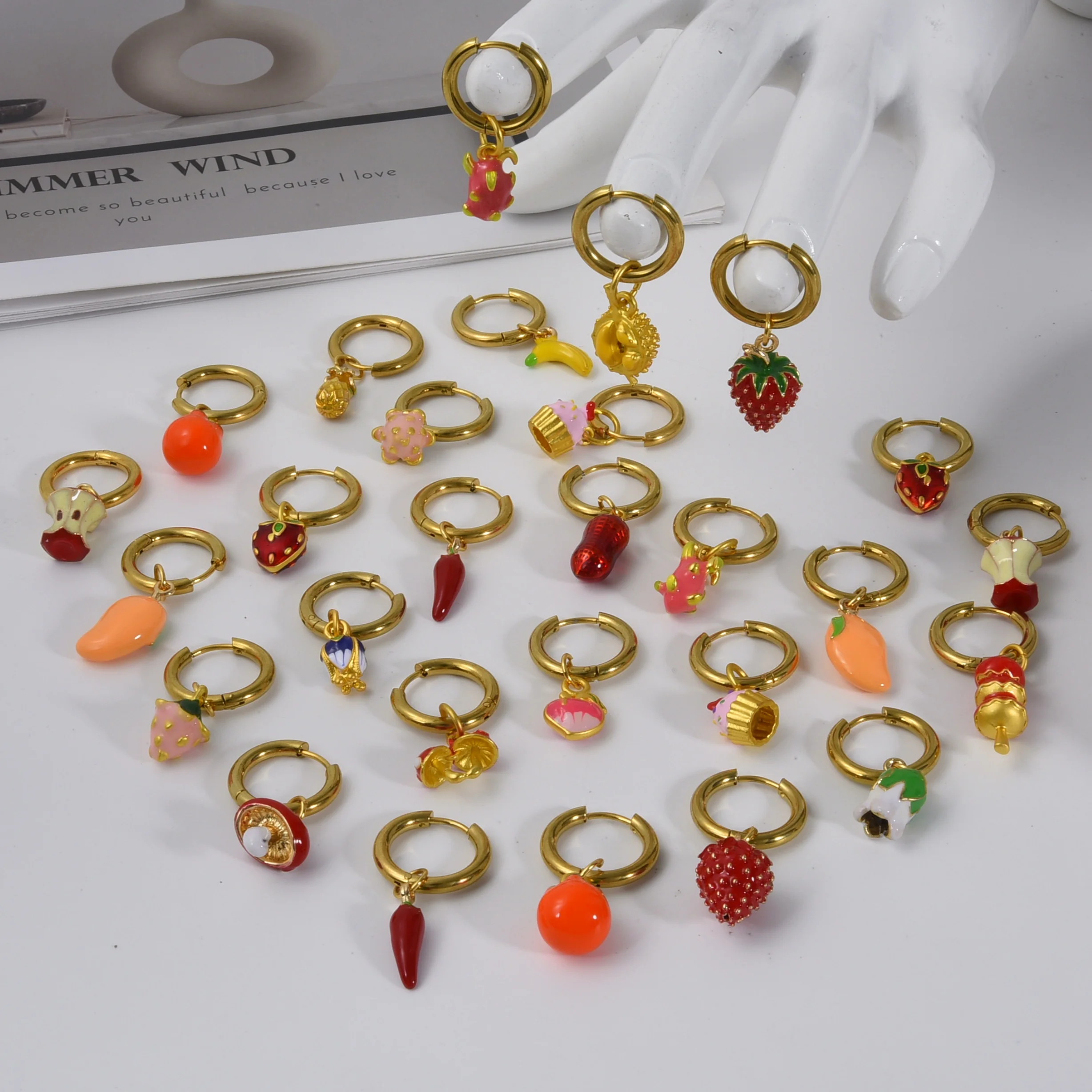 Fashion Fruit Mushroom Pineapple Durian Apple Orange Cake Banana Eggplant Cherry Pendants Loop Earrings Women Girl Jewelry Gifts