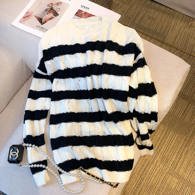 2022 Autumn New Loose Midi-length Pullovers Sweater Ripped Hole Lazy Wind Knitted Tops Black White Striped Loose Chic Jumpers