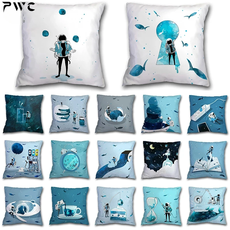 

45x45cm Ocean Blue Space Man Pillowcase Creative Astronaut Square Cushion Cover Living Room Car Waist Throw Pillow Cases