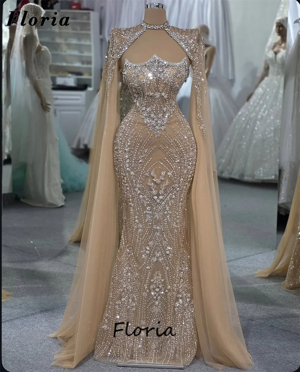 

Arabic Champagne Beaded Evening Dresses Cape Long Sleeves Female Prom Dress Customized Wedding Party Gowns Robes De Soiree 2025