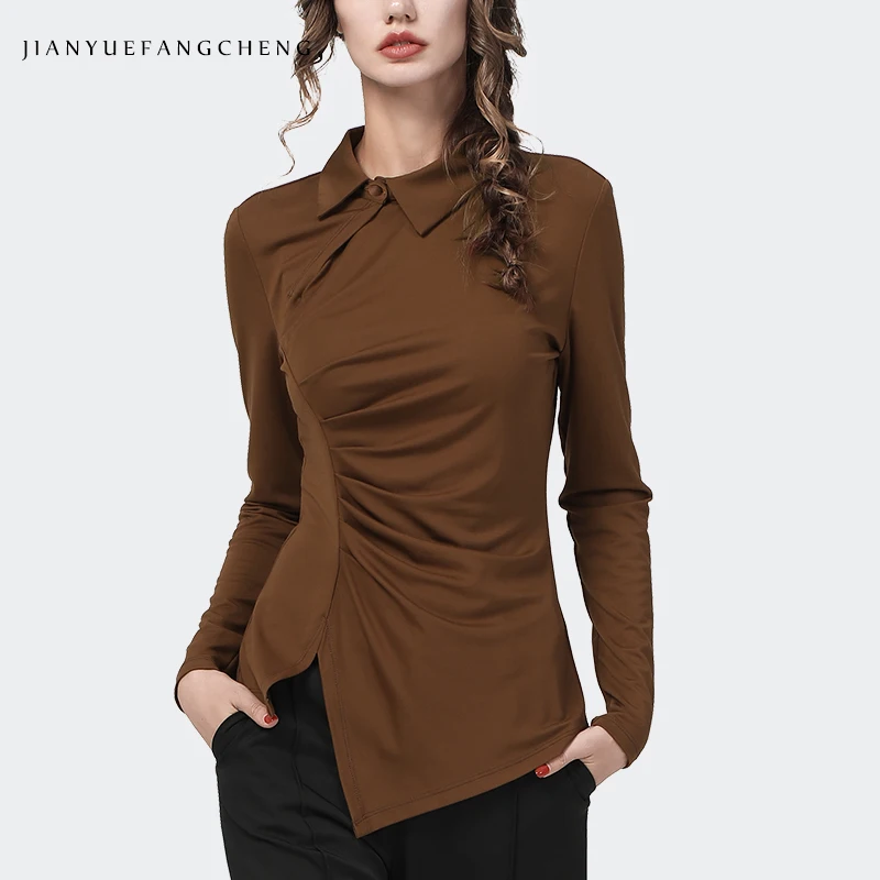 Women Long Sleeve Brown Stretching Knitted Shirt Sexy Skinny Fall Tops Autumn Winter Inner Wear Blouses