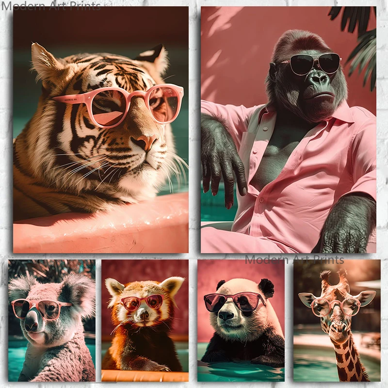 (2D Canvas Painting)  Pink Fashion Animal with Sunglass Art Poster and Prints Cool Tiger Lion Panda Giraffe Wall Art Canvas P