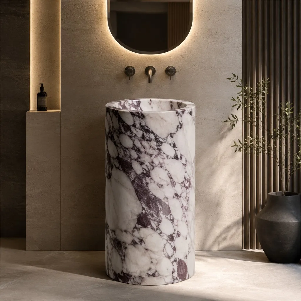 Potted Plants On StandsModern Minimalist Calacatta Viola Columnar Sink - Natural Stone Freestanding Pedestal Washbasin For Luxur