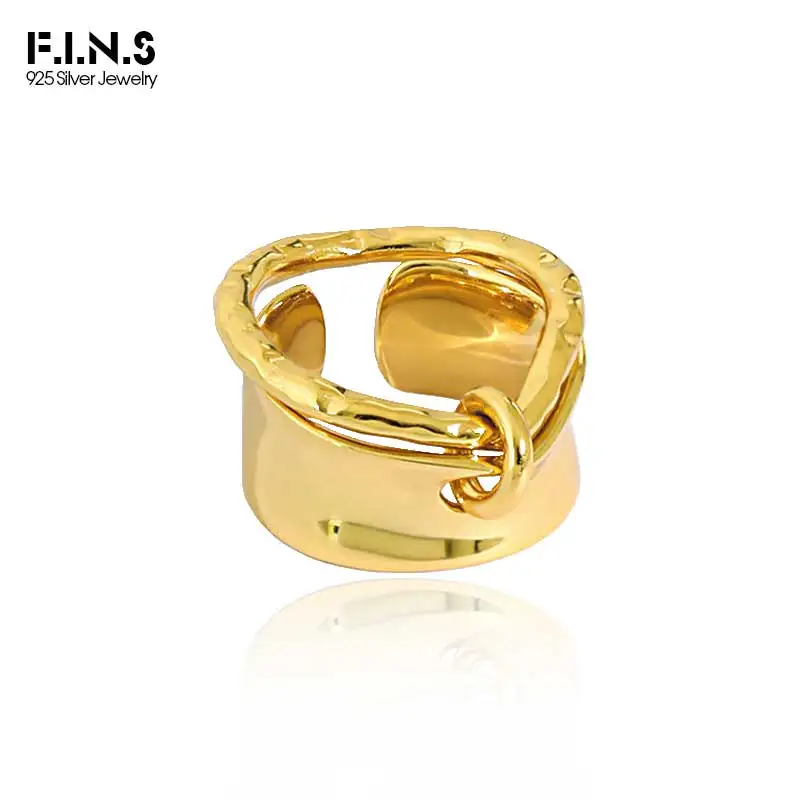 

F.I.N.S Real S925 Sterling Silver Gold Rings For Women Texture Uneven Open Resizable Index Mid Finger Fine Jewelry