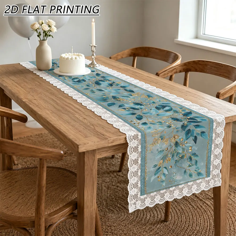 1pc Teal Eucalyptus Leaf Pattern Tulle Lace Table Runner For Home Decor Wedding Banquet Party