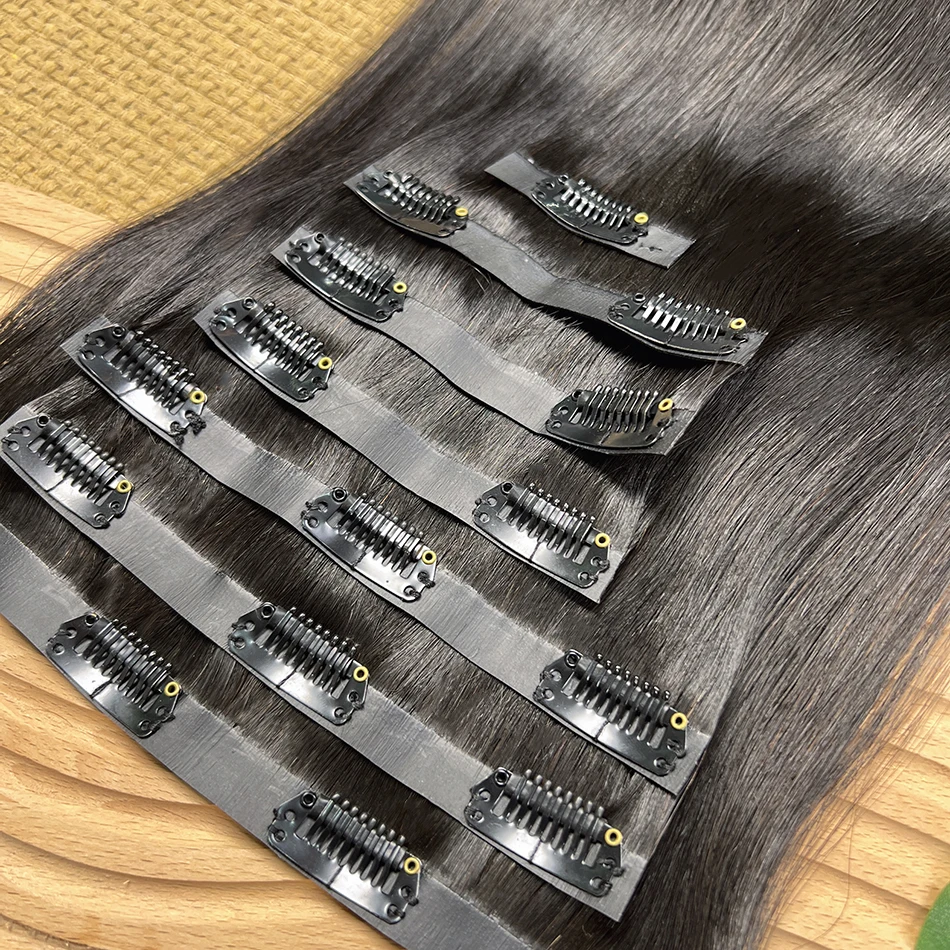 Straight PU Clip Ins Hair Extensions 100% Human Hair Natural Black Color 100g/Set 7pcs Seamless Invisible PU Weft For Women