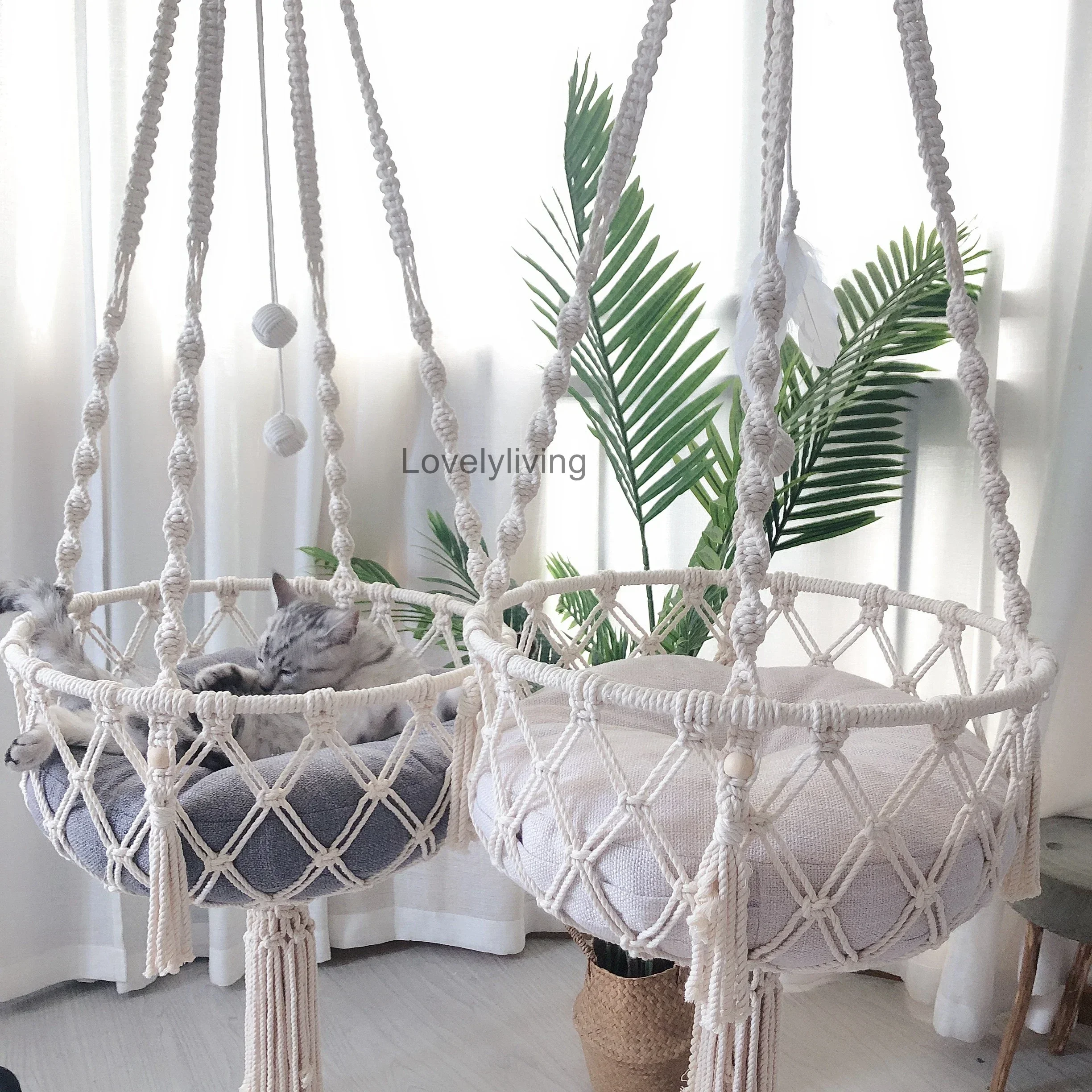 Cat Bed Hammock Puppy Toy Pet Basket Accessories House Rope Dog Home Swing Ball Big Feather Sisal With Macrame Hanging