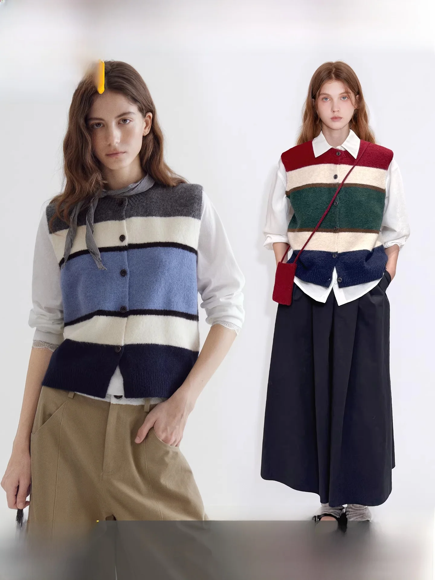 

Fano Women's Knitted Wool Blend Vest Irregular Striped Winter Top Comfortable Straight Cut Korean Style Commute Fashion