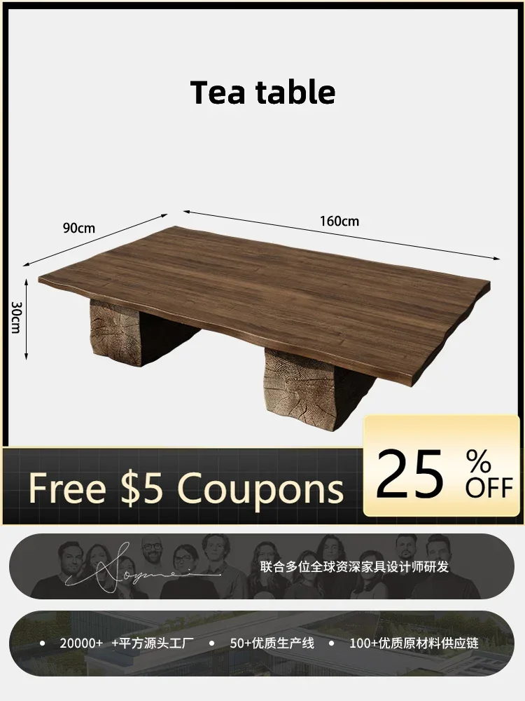 

LX Vintage Wabi-Sabi Style Solid Wood Rectangular Coffee Table for Living Room Walnut Color