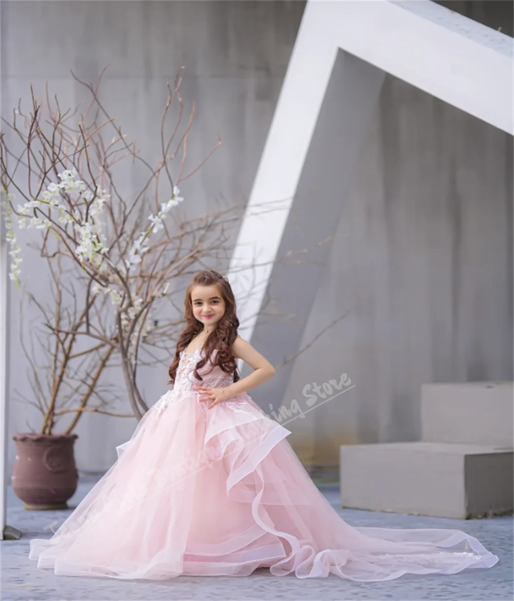 Girls Wedding Party Pink Dresses Transparent Crew Neck Sleeveless Trailing Children's First Communion Birthday Photography