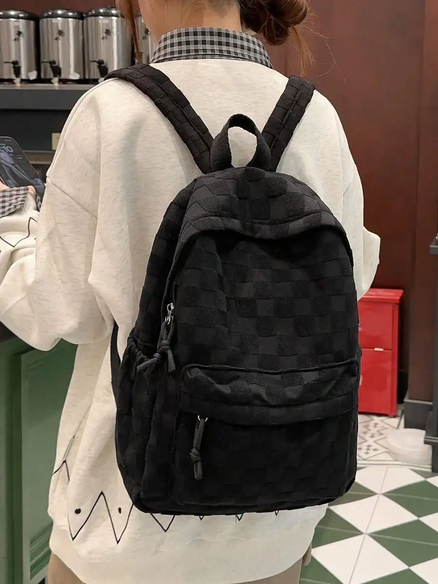 Mochila de piel sintética a cuadros con patchwork para mujer, bolso para portátil de gran capacidad para viajes diarios