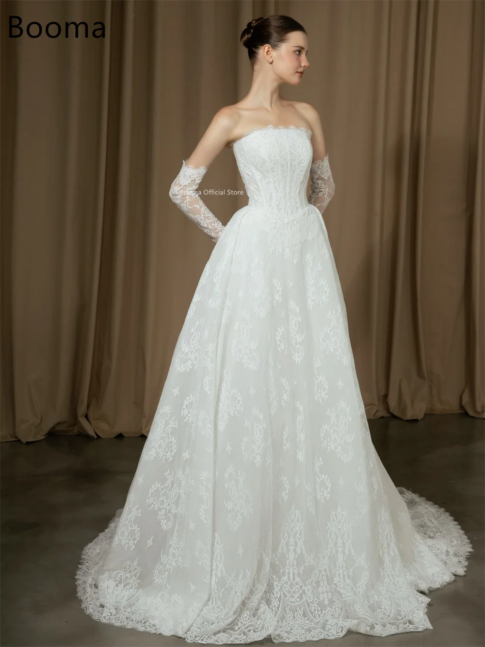 Booma A-Line senza spalline in pizzo principessa abiti da sposa lunghi applicazioni in pizzo senza maniche abito da sposa su misura 2025