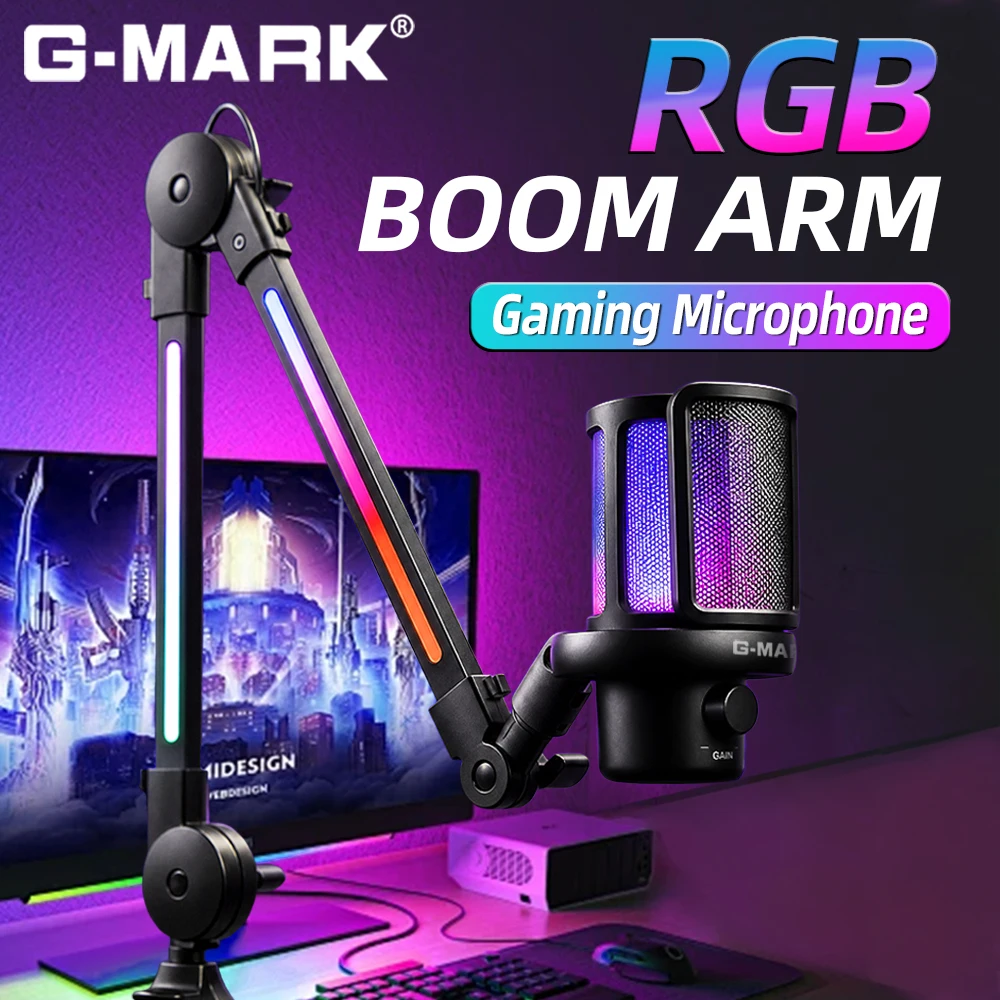Condenser Microphone Kit - ไมโครโฟนเกมมิ่งแบบแขนบูม RGB ไมโครโฟนคอนเดนเซอร์ USB พร้อมระบบรับเสียงแบบคาร์ดิออยด์ ขาตั้งแขนปรับระดับได้