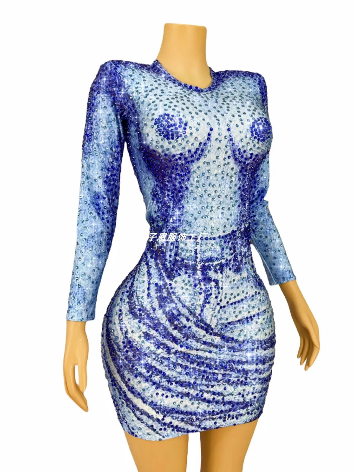 Design sense denim print sparkly rhinestone one-piece skirt daily party fashion show dress performance clothes