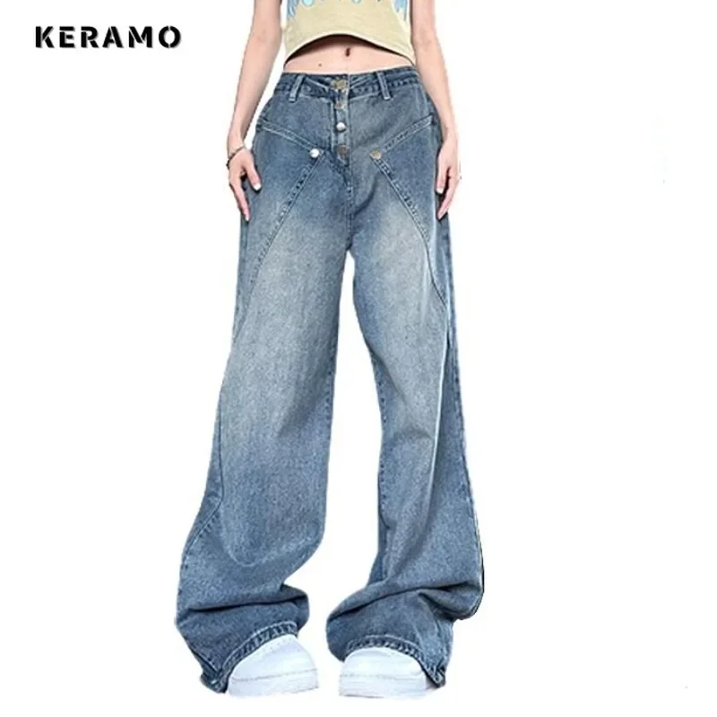 

Casual Vintage High Waist High Street Style Jeans Wide Leg Baggy Y2K Pants Korean Fashion Women's Blue Straight Denim Trouser