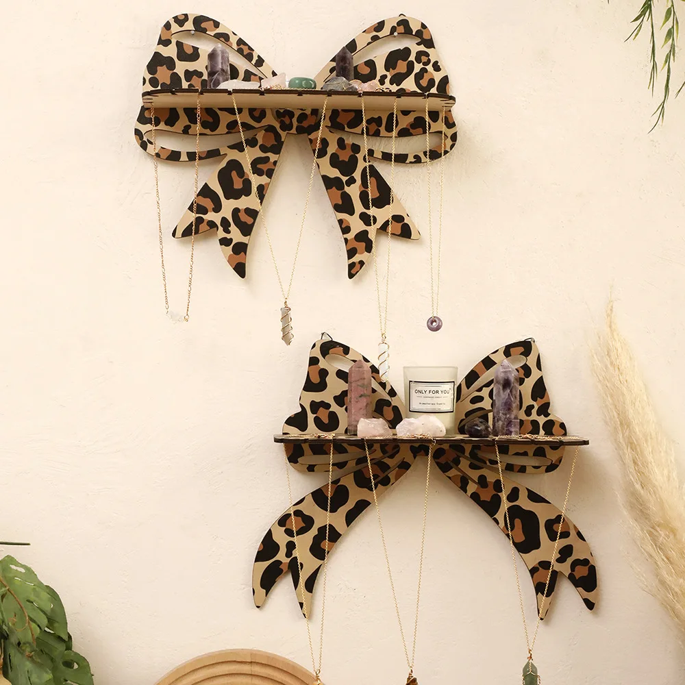 Wooden Leopard Print Bow Wall Shelf Porch Bedroom Wall-mounted Storage Rack Small Jewelry Necklace Hanger Home Decoration