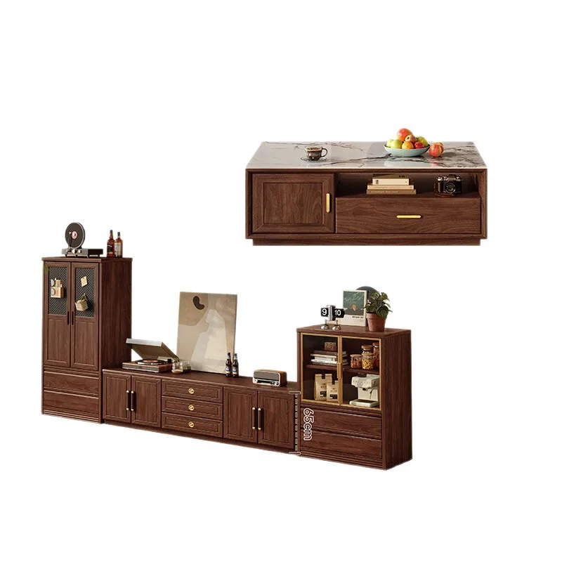 

Solid wood, coffee table, TV cabinet, high and low, storage, medieval style, black walnut, small apartment
