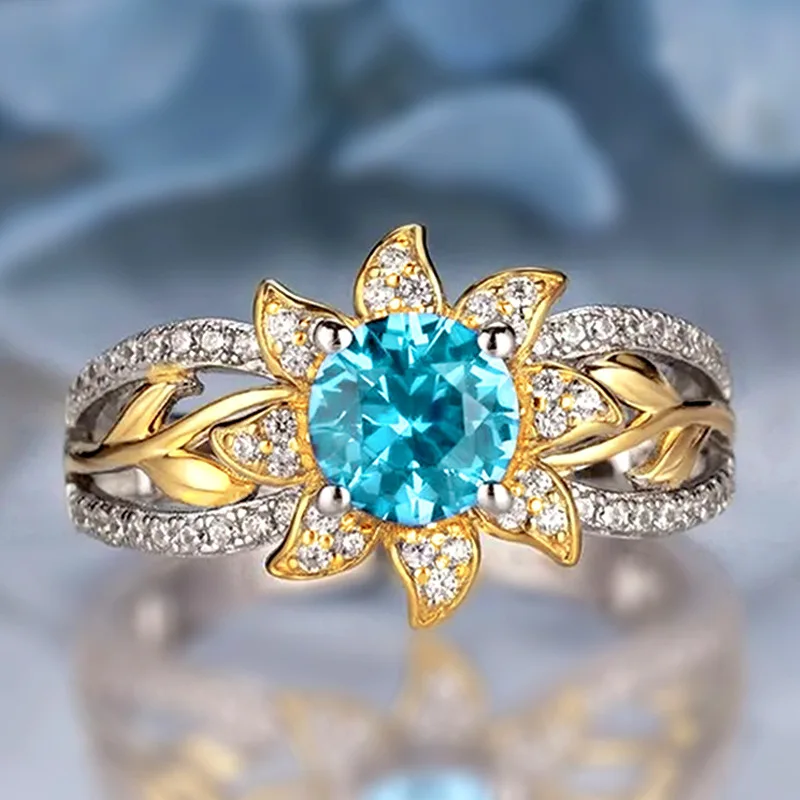 2026 New European and American Vacation Style Sunflower Blue Zircon Ring, Women's Design Sense, Trendy and Personalized Jewelry