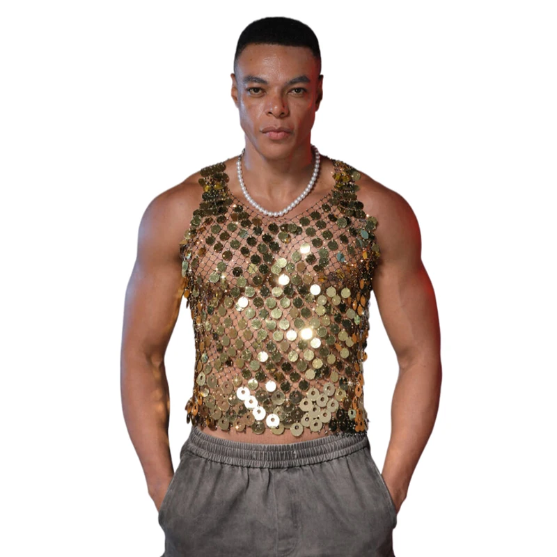 Herren Pailletten-Tanktop Ärmellos Transparentes Netz-Oberteil Ausgehöhlt Nachtclub Party Festival Rave Mode Y2K Top футболка+женская – Detail 2