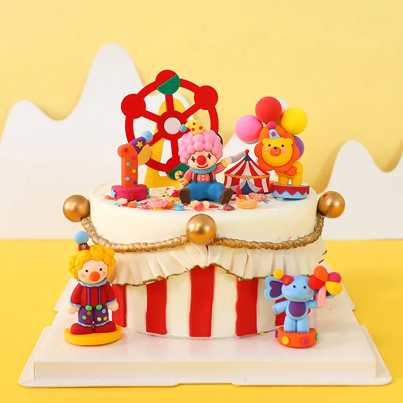 Circus Theme Cake Topper Clown Jester Circus Animal Lion Elephant for Kids 1st Happy Birthday Party Cake Decoration Baby Shower