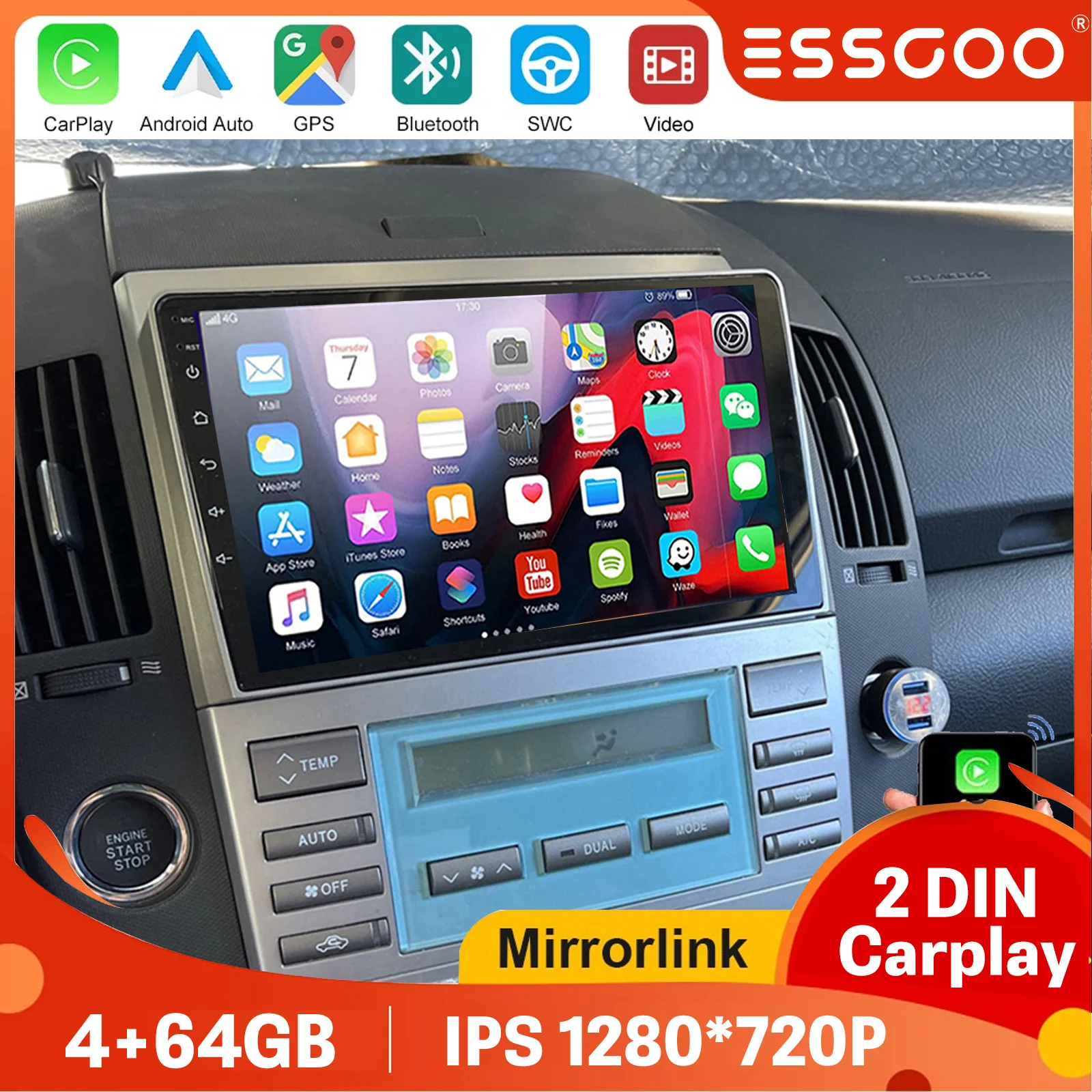 ESSGOO Android 15 4+64GB Für Toyota Corolla Verso 2003-2009 Autoradio Multimedia-Videoplayer GPS CarPlay Auto WiFi Stereo, Kamera