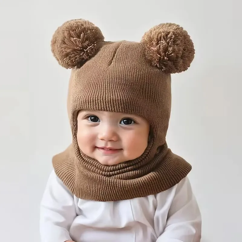1pc/2pcs Winter children's hooded one-piece hat,equipped with ear and neck protection devices,for warmth.Double ball knitted cap