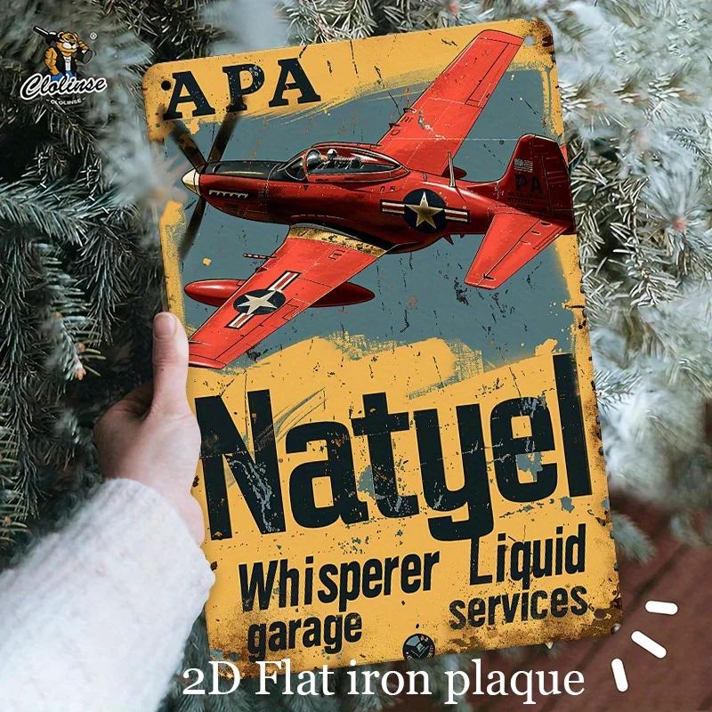 Vintage Metal Wall Sign  - Red Fighter Plane Art with APA Natyel Whisperer Liquid Garage Services Text Rustic Iron Bar for Man C