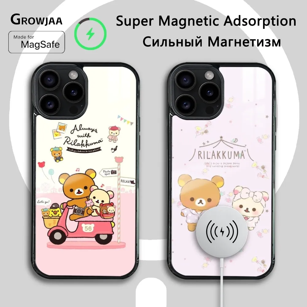 Cartoon Cute R-Rilakkumas Phone Case For iPhone 16 15 14 13 12 11 Pro Max Plus Mini Magsafe Mirror Wireless Magnetic Cover