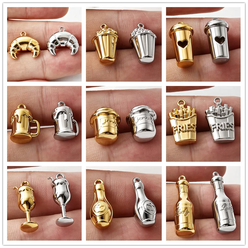 Mix Fashion Beverage Food Pendant 316 Stainless Steel Beer French Fries Charm For Jewelry Making Bulk Handmade Bracelet Material