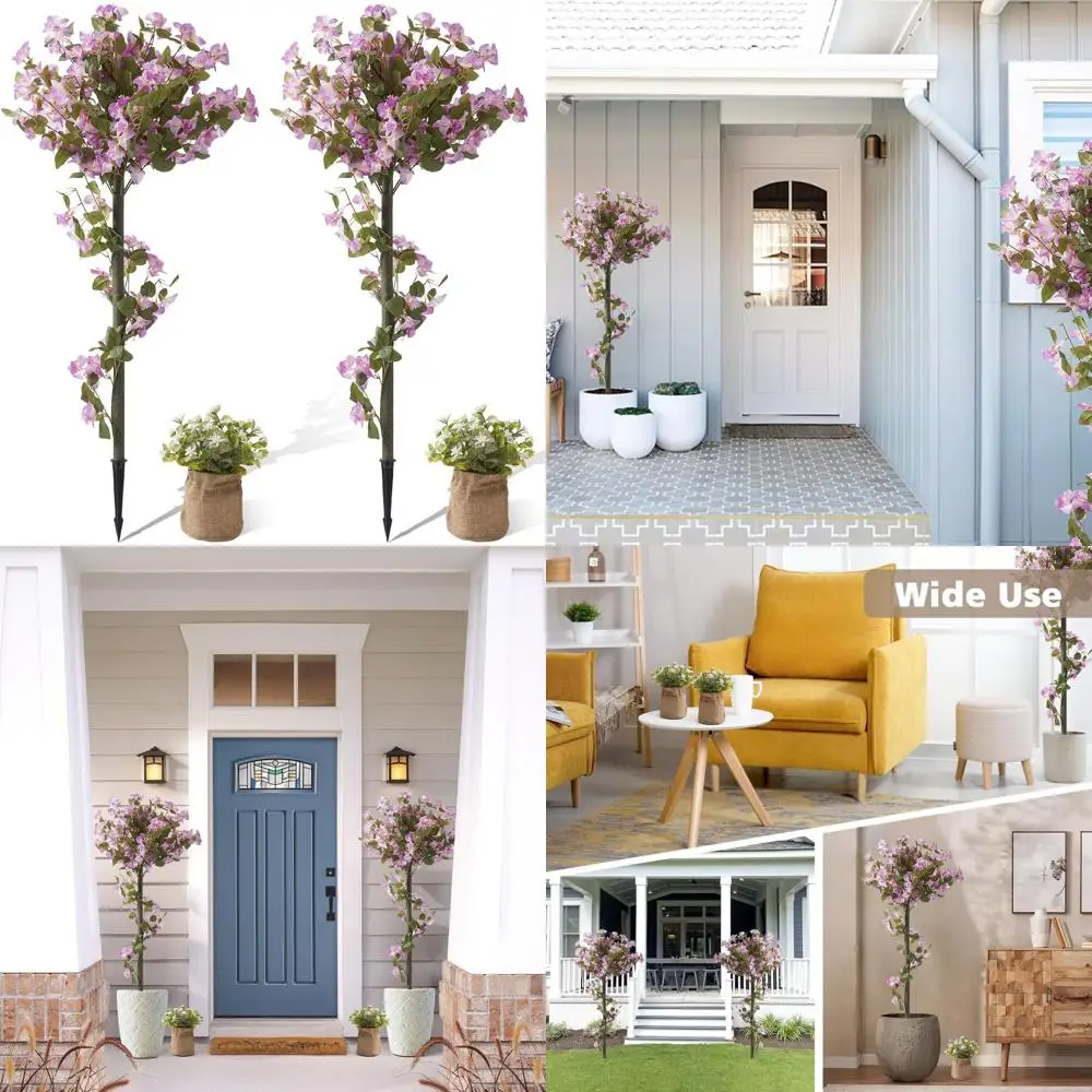 Juego de 2 Árboles Artificiales de Buganvilla Grandes de 48 Pulgadas con Espigas, Arbustos en Flor para Decoración Interior o Exterior