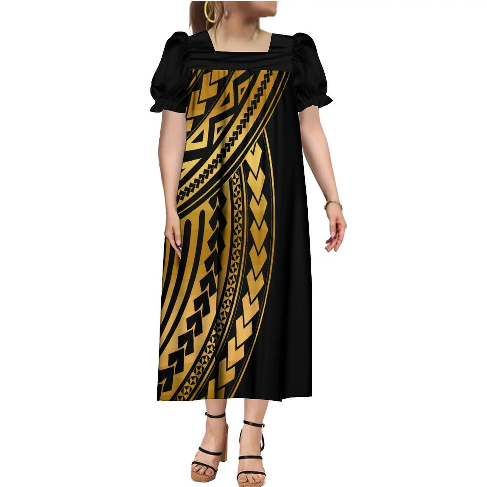 Polynesian Fashion Women Dress Ship Fast Samoa Square Neck Summer Short Sleeve Long Dress MUMU Customized Pattern