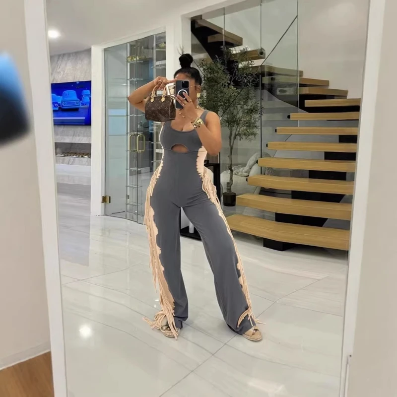 Women’s Halter Sleeveless Hollow-out Metal Ring Bandage Backless Low-Waist Asymmetrical Jumpsuits, Solid Color, Sexy