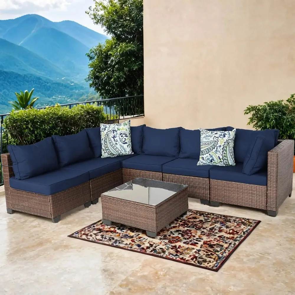 Patio Furniture Set 7 Pieces Wicker Outdoor Patio Conversation Set Sectional Sofa Couch Chairs Coffee Table Anti-Slip Cushions