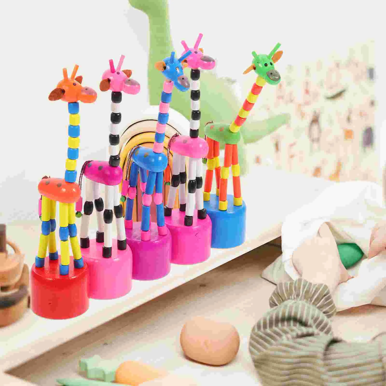 5 Pcs Baby Toys Giraffe for Kids Wooden Puppets Lift The Thread Figurine Favors Child