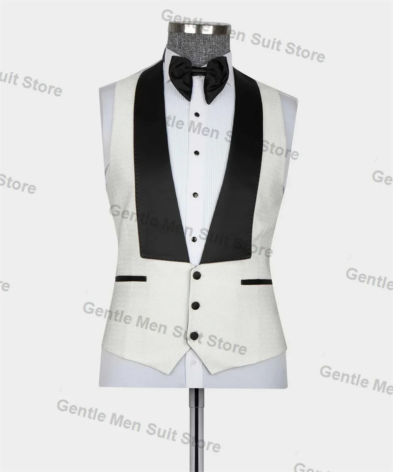 Trajes blancos de lujo con cristales para hombre, chaqueta de 3 piezas, chaleco y pantalón negro, abrigo de esmoquin para boda, chaqueta Formal personalizada para oficina, pantalón