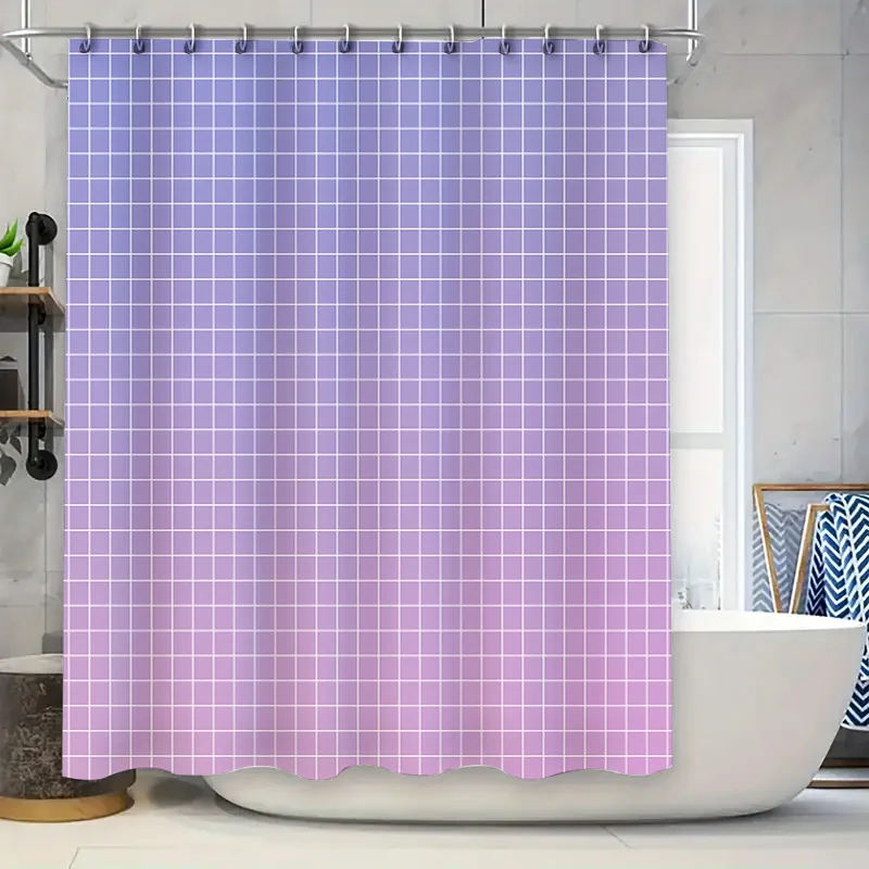 ‌Stylish Purple Grid Waterproof Shower Curtain Modern Bathroom Decor Water Repellent Fabric Easy to Clean with Hooks Included