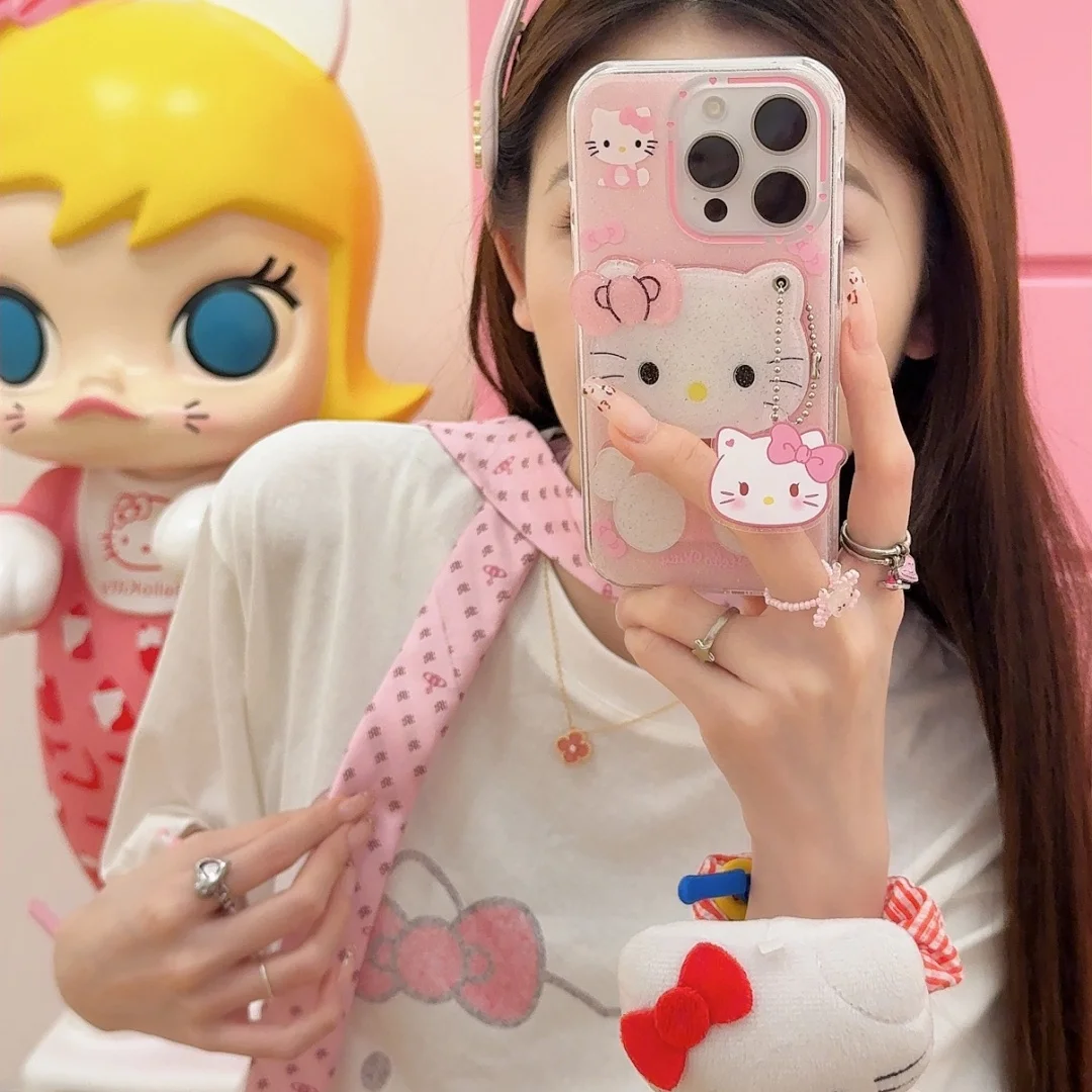 Kawaii الكرتون مرحبا كيتي رئيس KT الدورية مرآة جراب هاتف آيفون 16 15 14 برو ماكس بريق للصدمات سيليكون غطاء ناعم