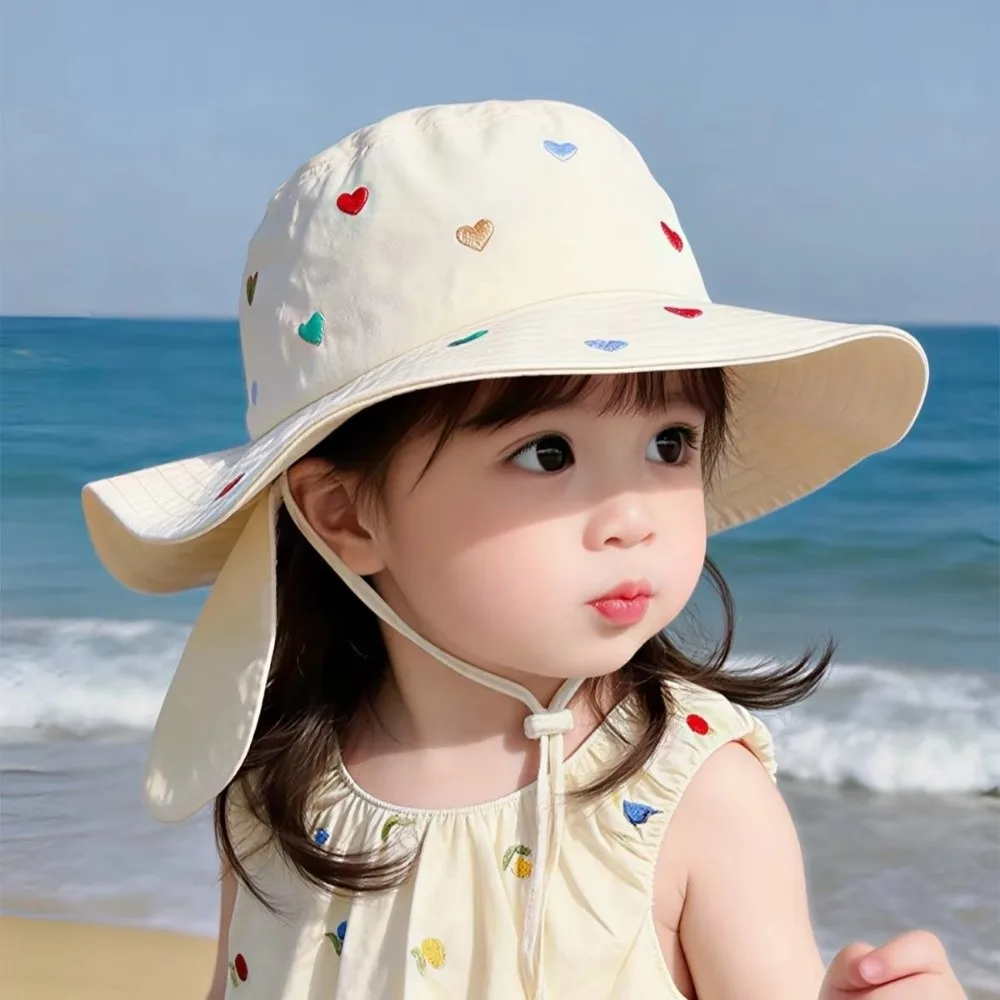 

Polyester Children Sun Hat Broad Brim Embroidery Design Panama Cap Cartoon Print Neck Protection Fisherman Hat For Girls
