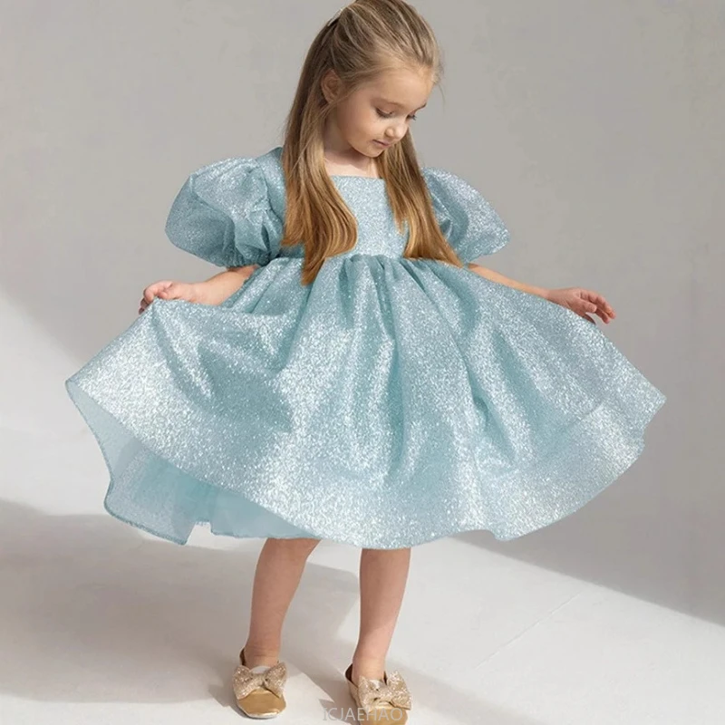 

Вечернее платье Vestido, новые глянцевые французские платья для девочек, детский костюм, элегантное платье принцессы с пышными рукавами и бантом сзади, милый наряд