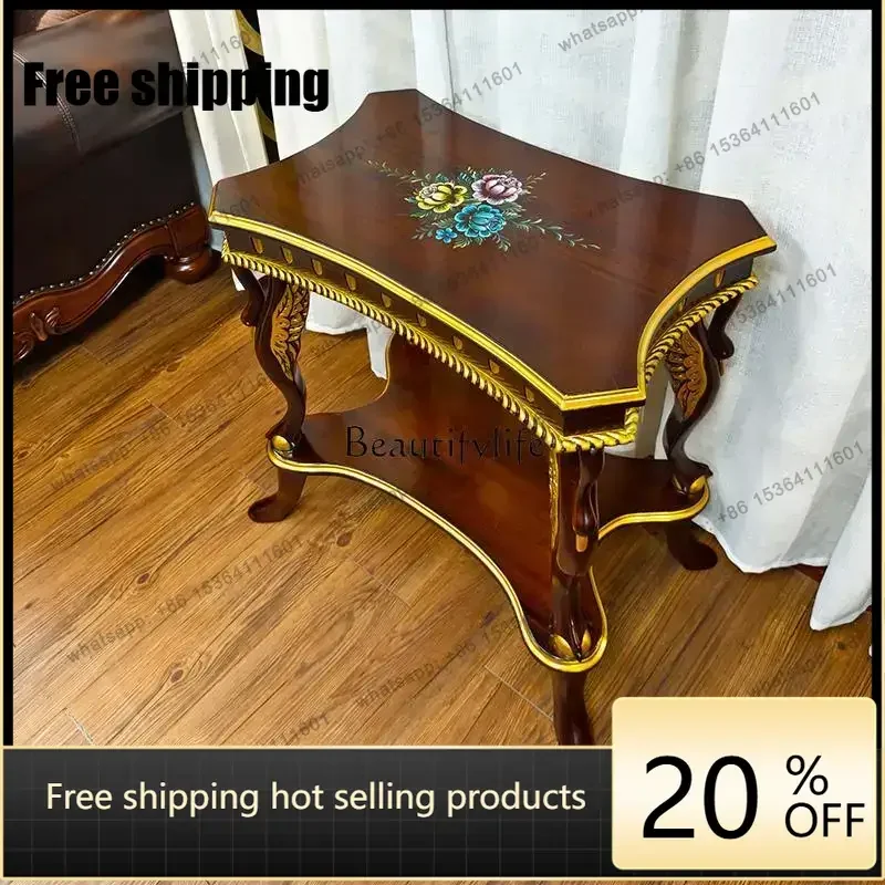 Factory Direct European Style Solid Wood Coffee Table Vintage Minimalist Living Room Painted Gold Edge Table