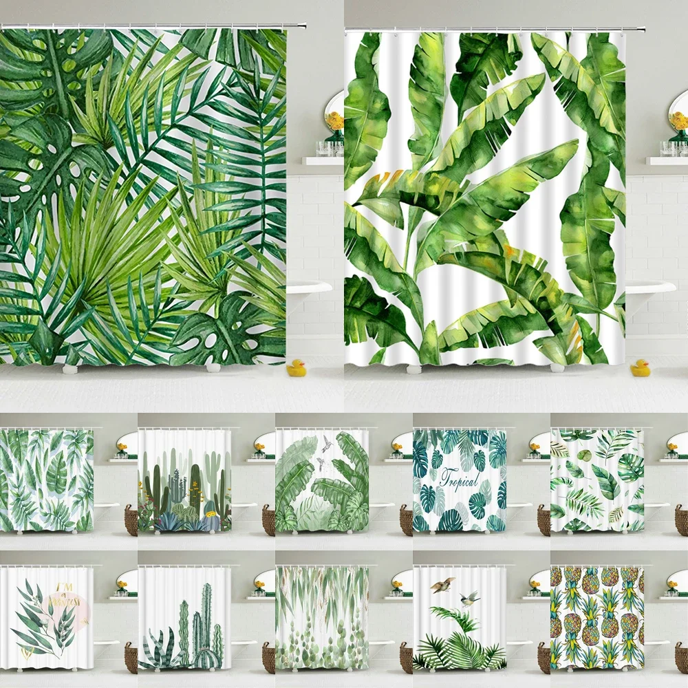 3d Printed Green Tropical Plants Shower Curtains Bathroom Waterproof Polyester Leaves      Screen