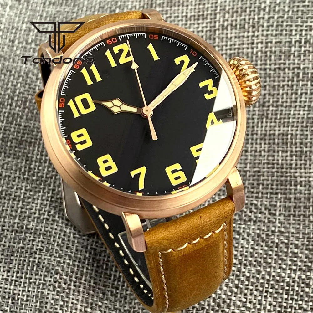 Tandorio Cusn8 Bronze/Stainless Steel 46.5mm Fashion Automatic Men Watch Leather Strap NH35A PT5000 Sapphire Crystal Screw Crown