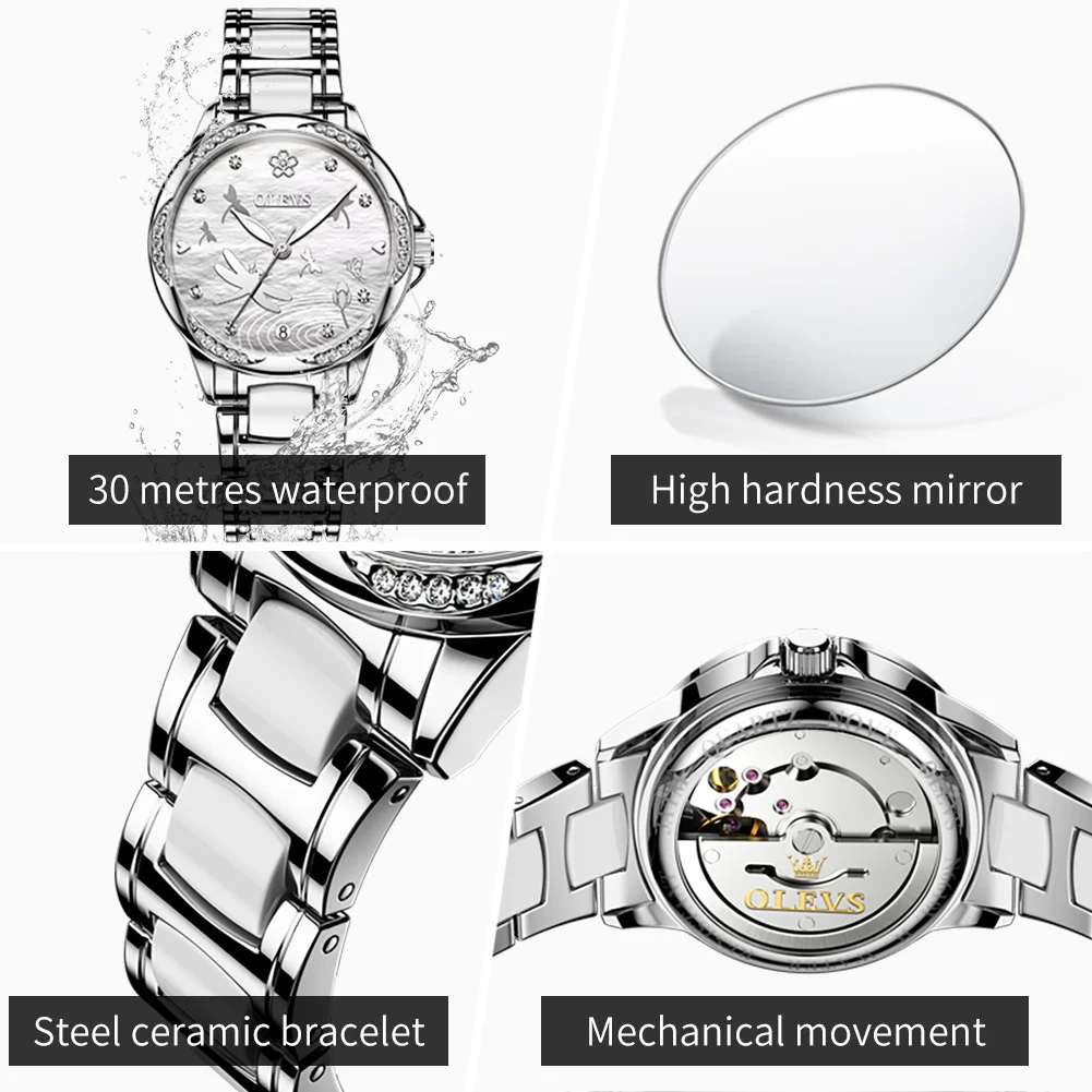 OLEVS 6610 Elegant Ladies' Watch Luxury Automatic Mechanical Watch High-end Stainless steel Ceramic Strap Wristwatch